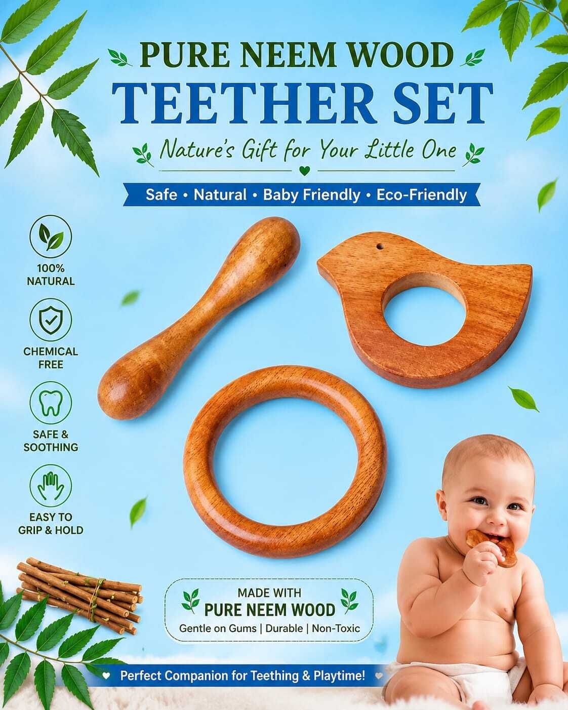 Natural Wooden Neem Teether for Newborn Baby Chew Ring Rattle-image-44