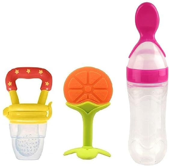qtypie 3 in1 Baby Combo Set-Feeding Milk Bottle with Spoon, & Teether & Food Nibbler Teether and Feeder image 1
