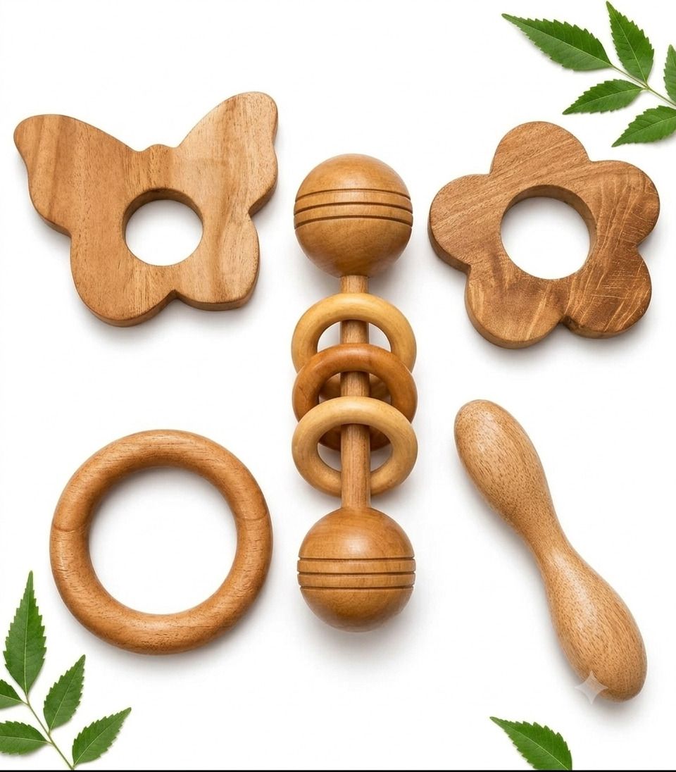 rana creation mart Pure neem wood teether rattles for kids pack of 5 in different shape Teether and Feeder-picture-35