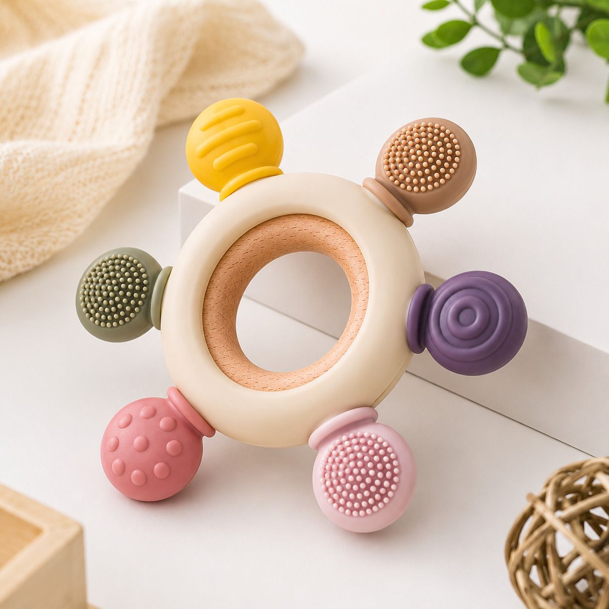 homentra Silicone Baby Chew Teether Ring, Wooden Handle, Sensory Toy for Infants Teether-picture-2