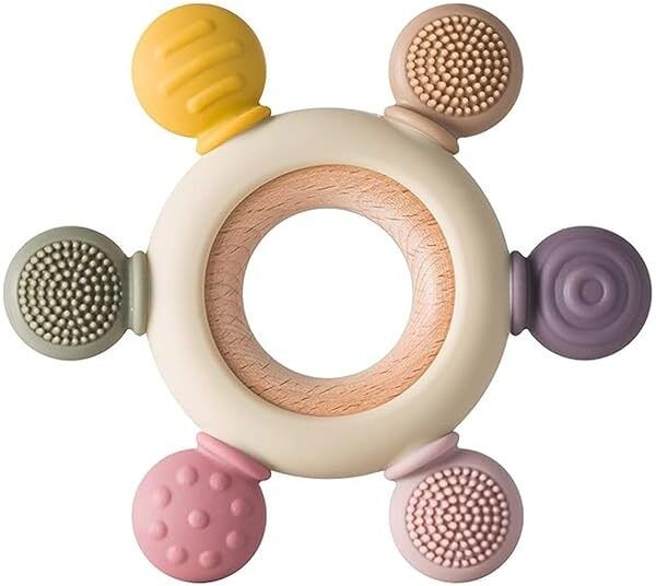 fun factory Baby Teether Ring | Silicone & Wooden Sensory Teething Toy for Babies Teether-picture-20