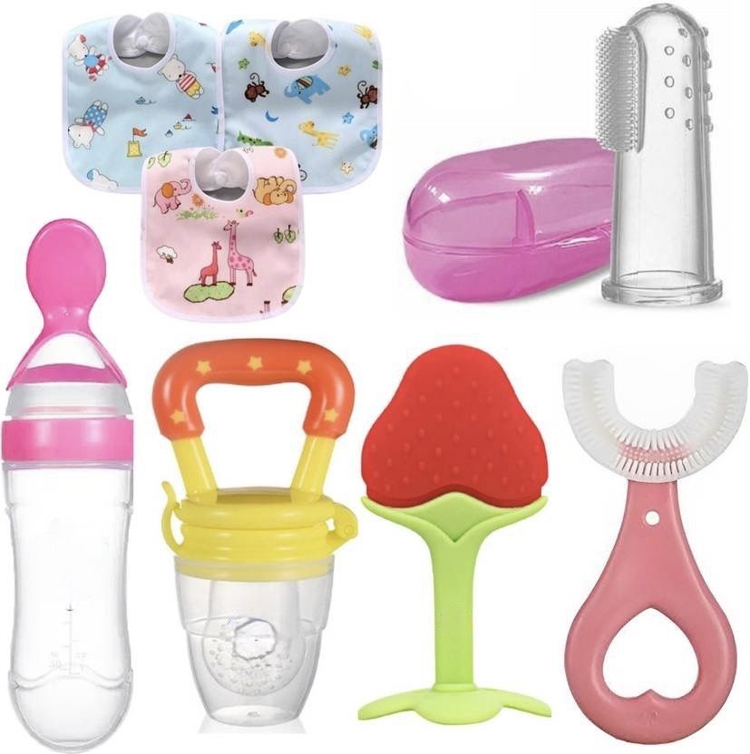 crazzyshopperz Baby Fruit Feeder,Teether, Finger Brush, Bibs & Spoon Feeder Pack of 8 - Silicon Teether and Feeder-picture-27