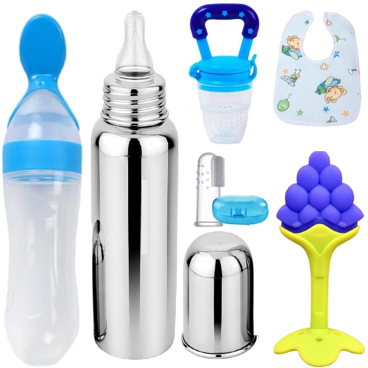Combo of 6, Spoon Bottle 90ML,Steel Bottle 240ML,Baby Finger Brush, Baby bibs, Teether and Feeder