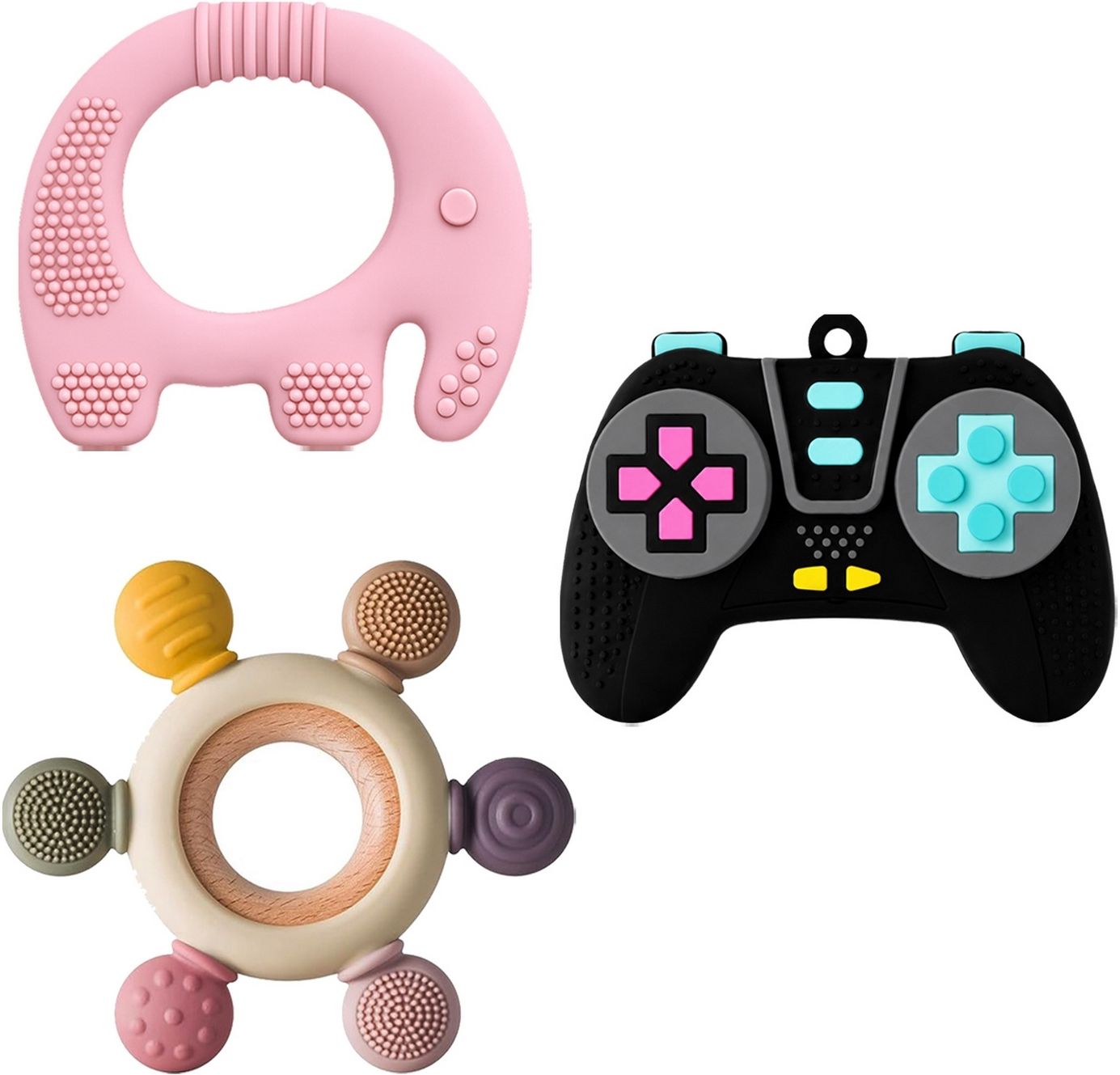 3 PCS Baby Teether Combo Elephant Ring Game Controller Silicone Chew Toy Set-ME2 Teether-image-37