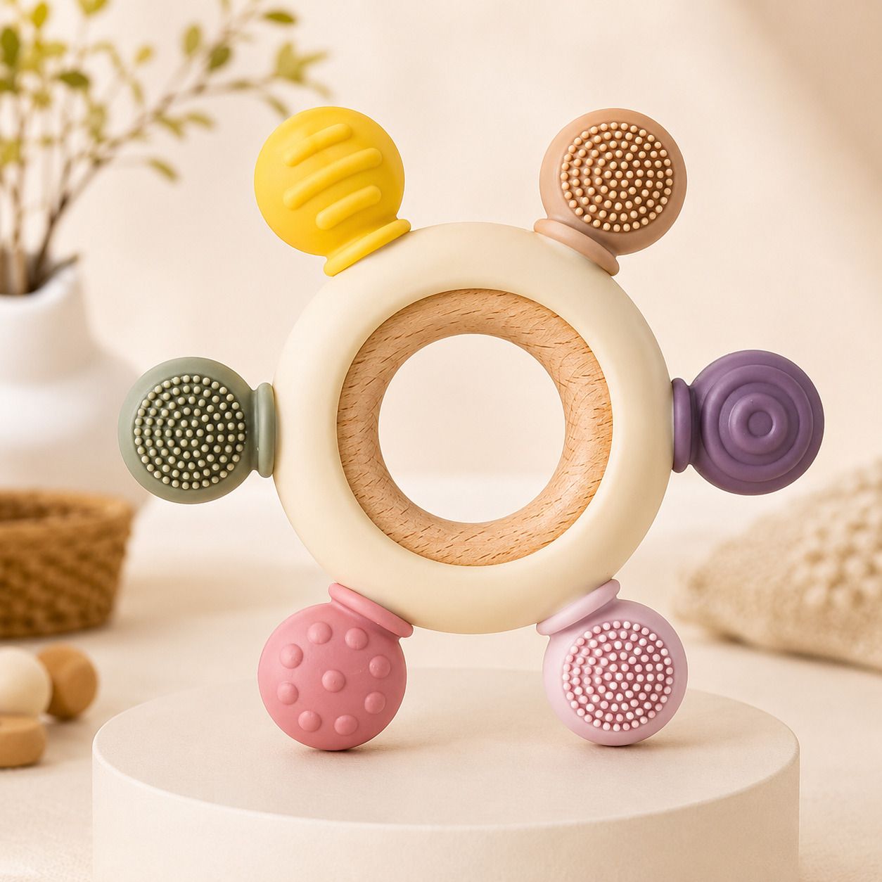 homentra Premium Silicone Baby Teether Ring with Wooden Handle, BPA Free Teething Toy Teether-picture-0