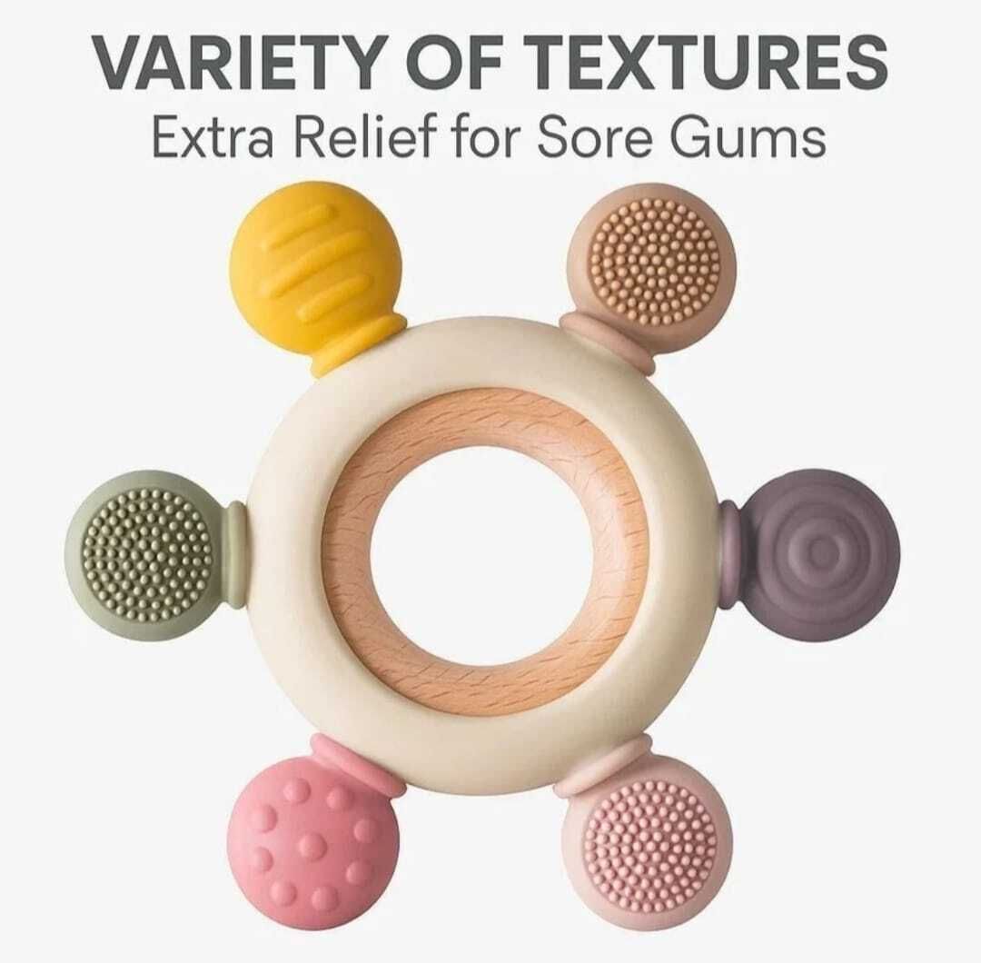 azelsellworld Wooden & Silicone Baby Teether Ring – Soft Multi-Texture Teething Toy for Infant Teether-picture-37