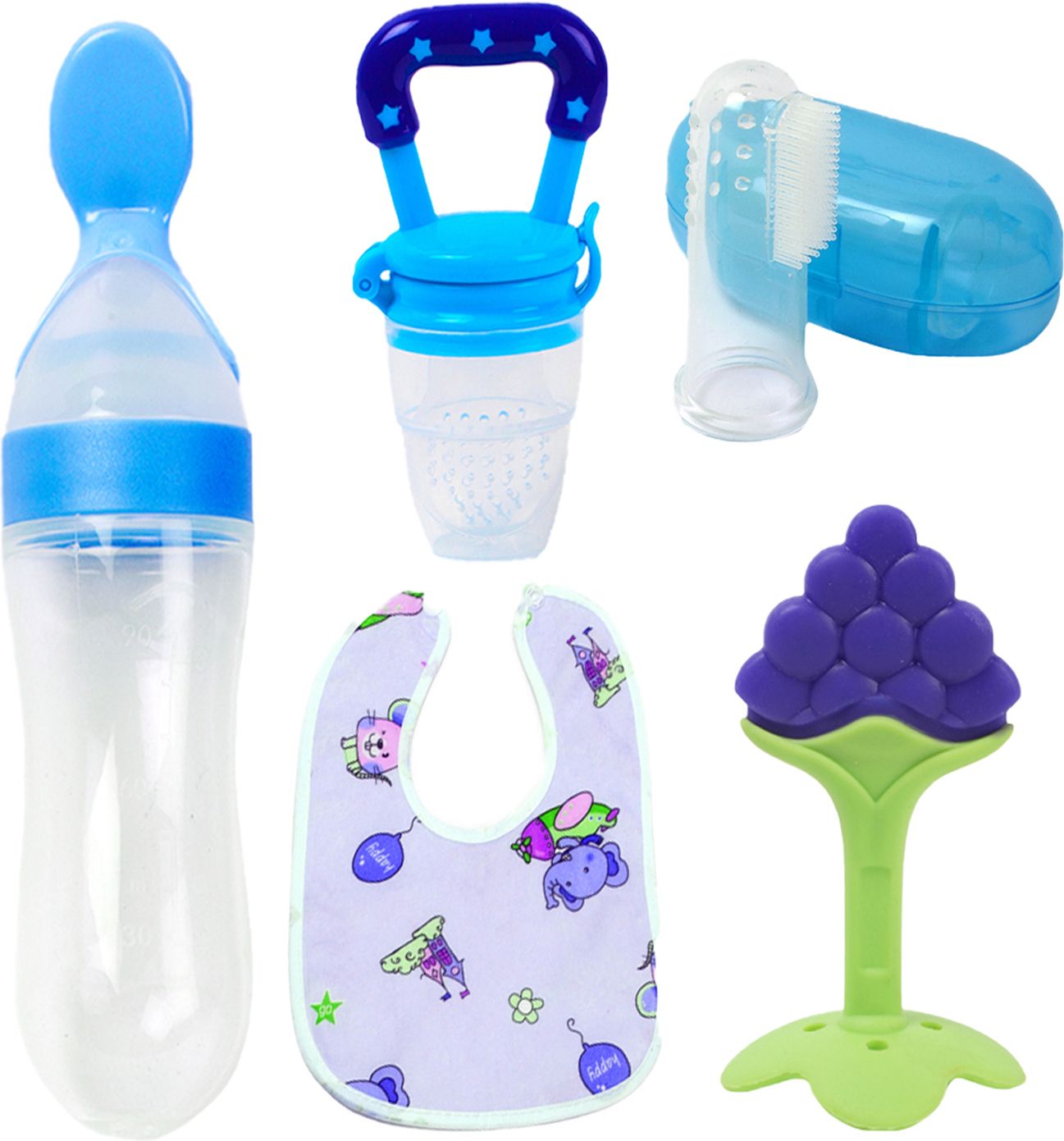 Baby Fruit teether with spoon feeder, Nibbler, Fingerbrush & bib/Appron for care Teether and Feeder
