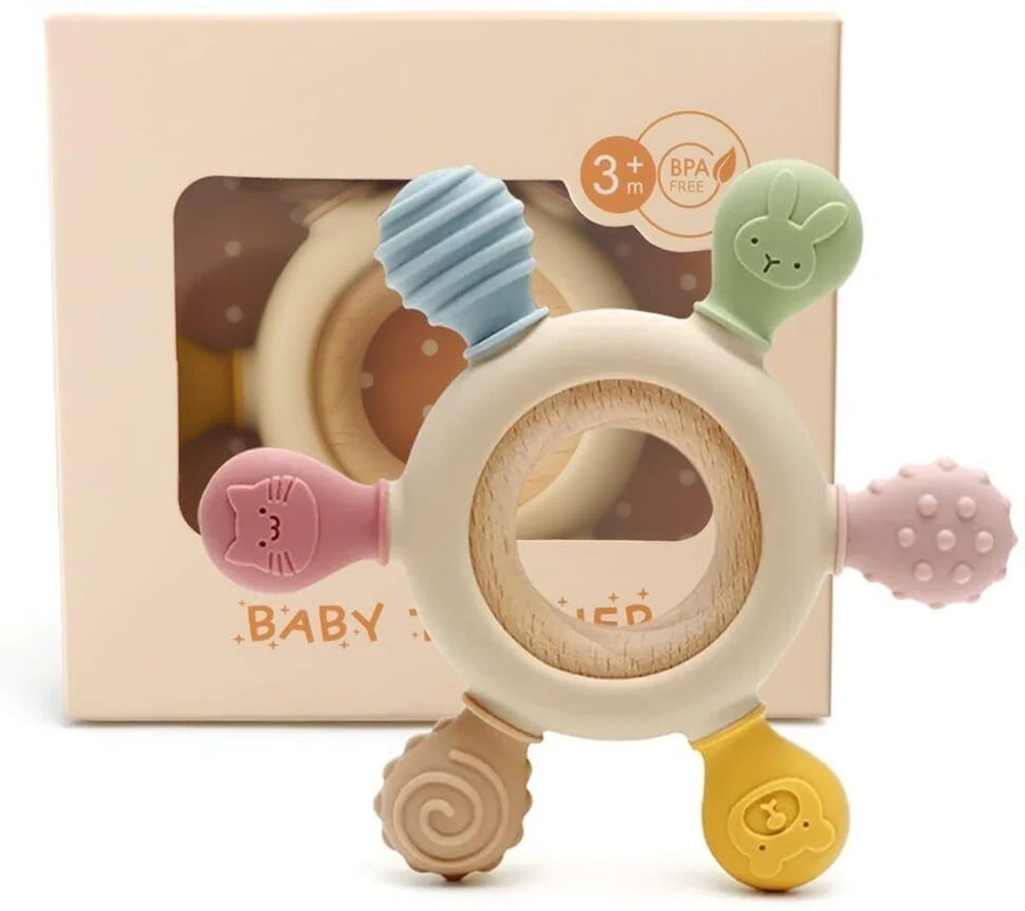 zerona Silicone & Wooden Baby Teether Ring | Soft Textured BPA-Free Soother Toy Soother-picture-15