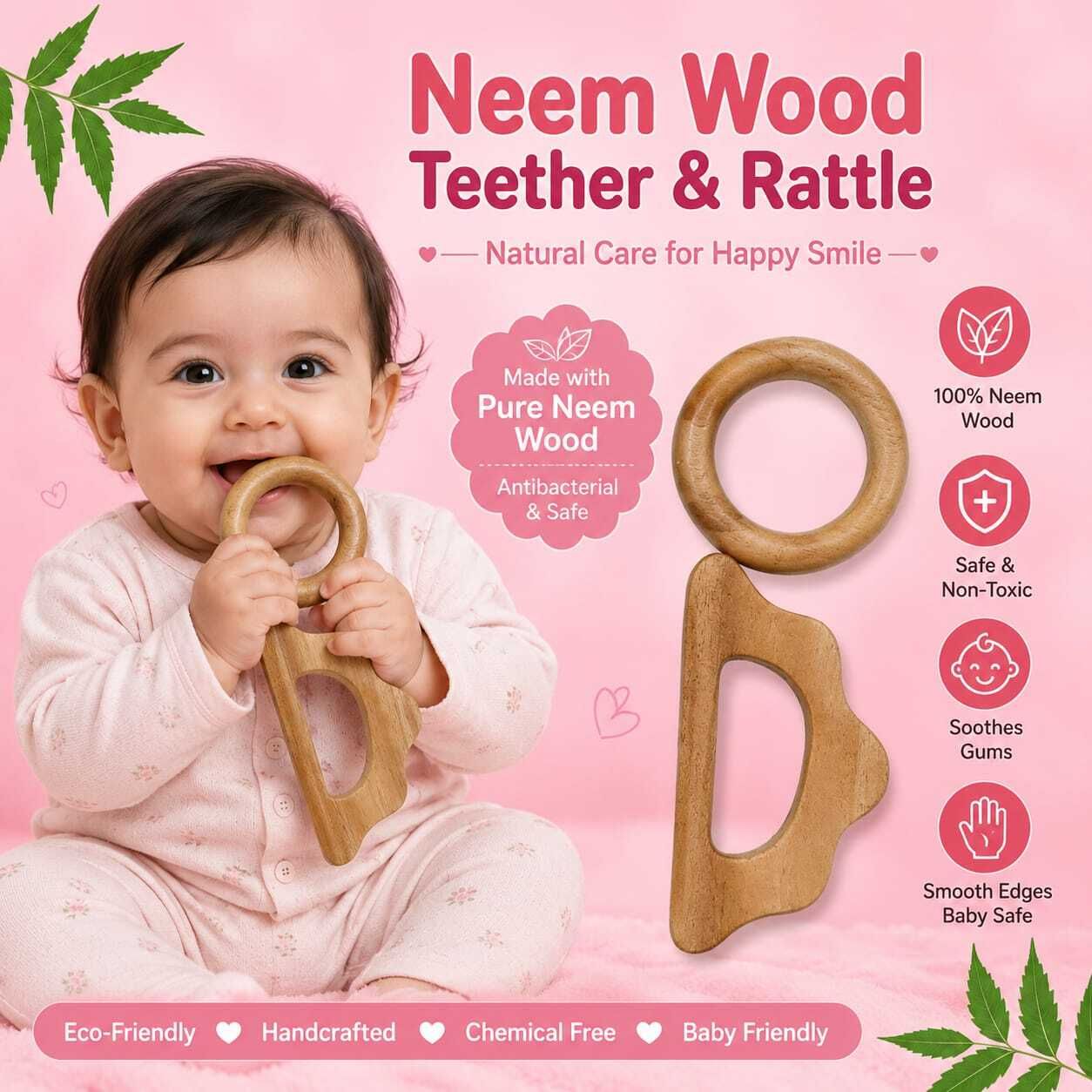 Premium Neem Wood Teether for Babies Eco Friendly Baby Toy Rattle-image-7