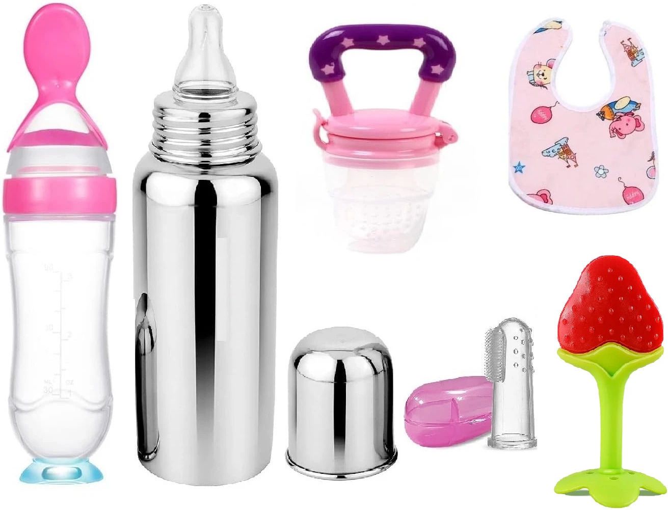 BABY COMBO SET OF-6[TEETHER,FEEDER,STEEL BOTTLE,BIB,FINGER BRUSH] Teether and Feeder-image-8