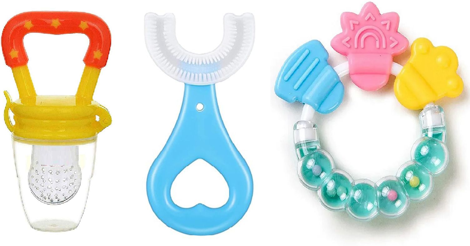 Baby Fruit Nibbler Yellow ,U Shape Brush & Ring Teether Soother-image-32