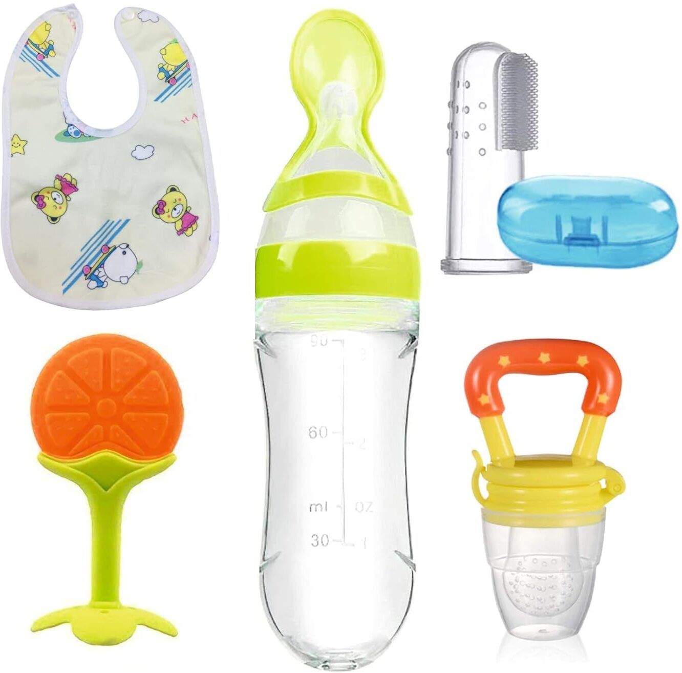 Baby Food SpoonBottle FruitFeeder,Teether,Finger Brush and Baby bib(Pack of 5) Teether and Feeder-image-1
