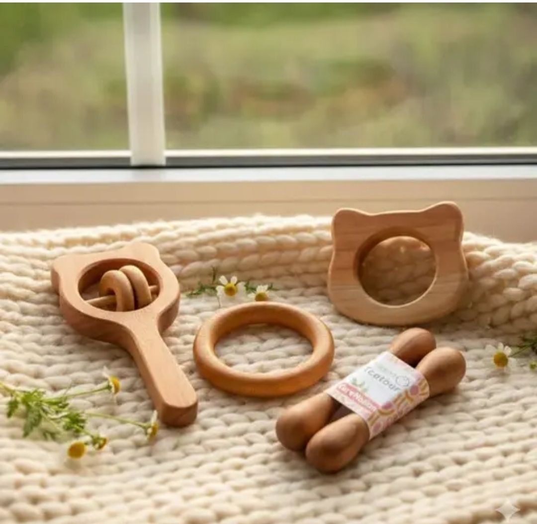 Pure neem wood micky rattles dumble combo ring micky for kids and babies Teether