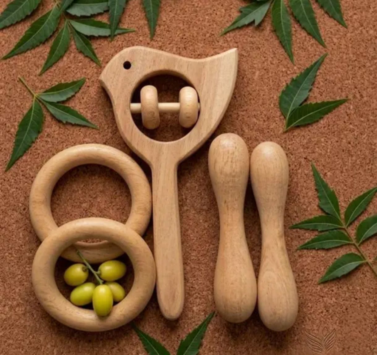 shree blessings Neem Wood Baby Teether Set of 5 Original Natural Wooden Teething Toys Teether-picture-28