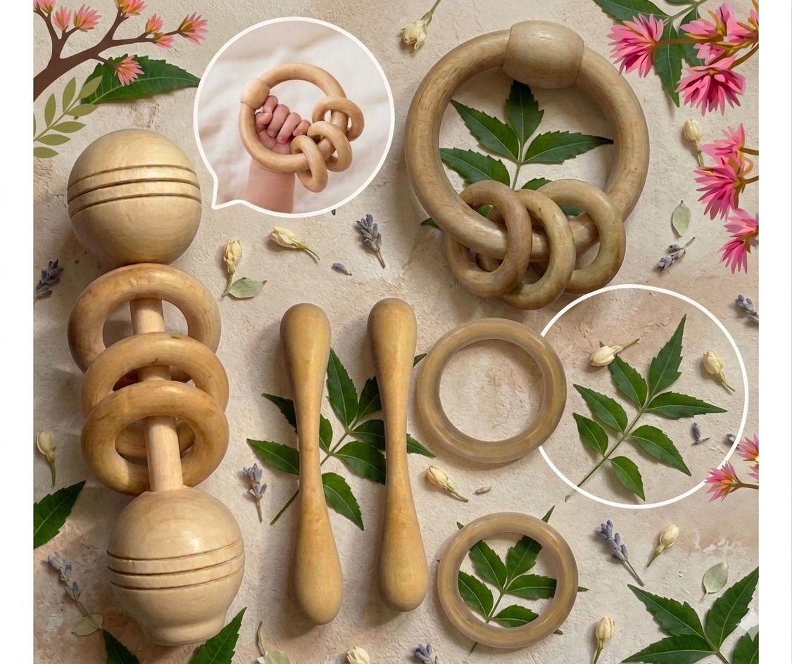 rana creation mart Wooden neem teether dumble rattle ring rattle ring combo Teether-picture-14
