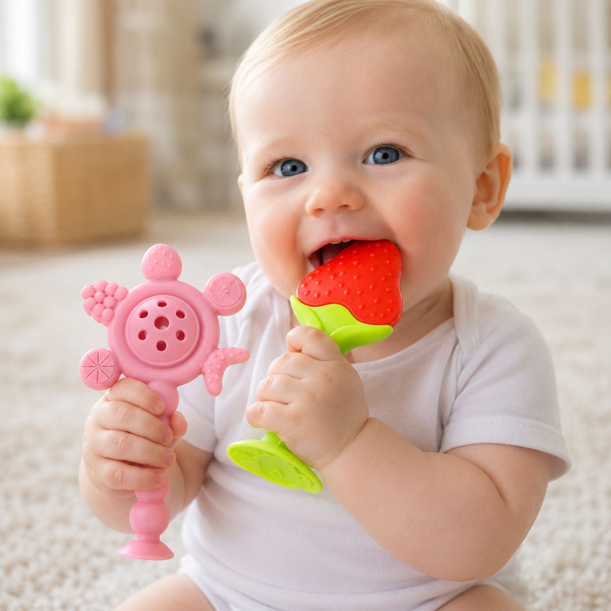 Peaceful Pals Baby Teething Kit: Safe, BPA-Free Silicone Strawberry & RattlE Set Teether-image-36