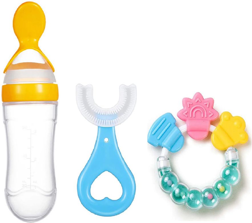 Baby Food Feeder Spoon Bottel Yellow ,U Shape Brush & Ring Teether Soother-image-41