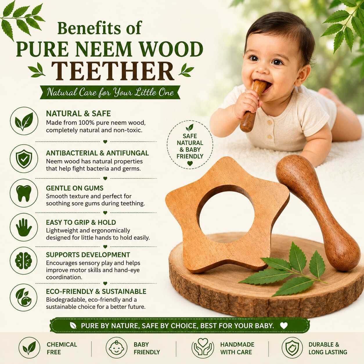 Pure Neem Wood Baby Chew Ring for Teething Relief Rattle-image-41