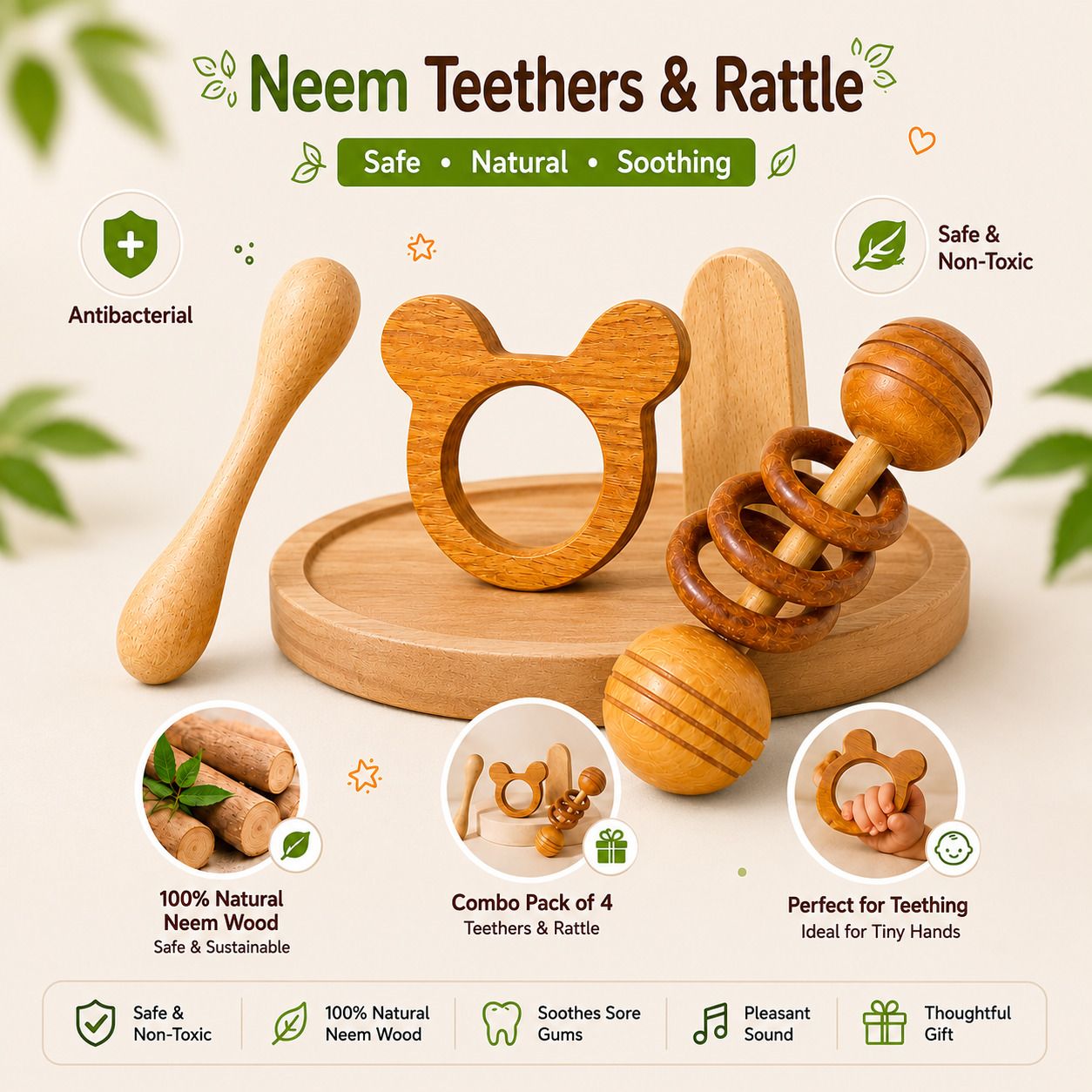 pankhudi crafts Natural Neem Wood Ring Inside Dumble Rattle with mouse and Dumble Shape Teether-picture-15