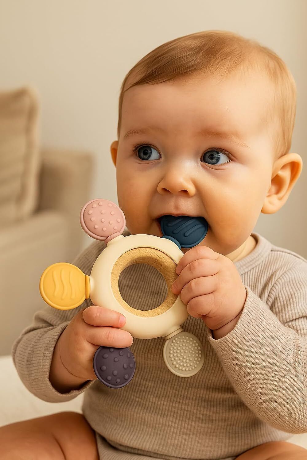 Silicone & Wooden Baby Teether for 3+ Months, BPA Free Soft Teething Toy Teether-image-8