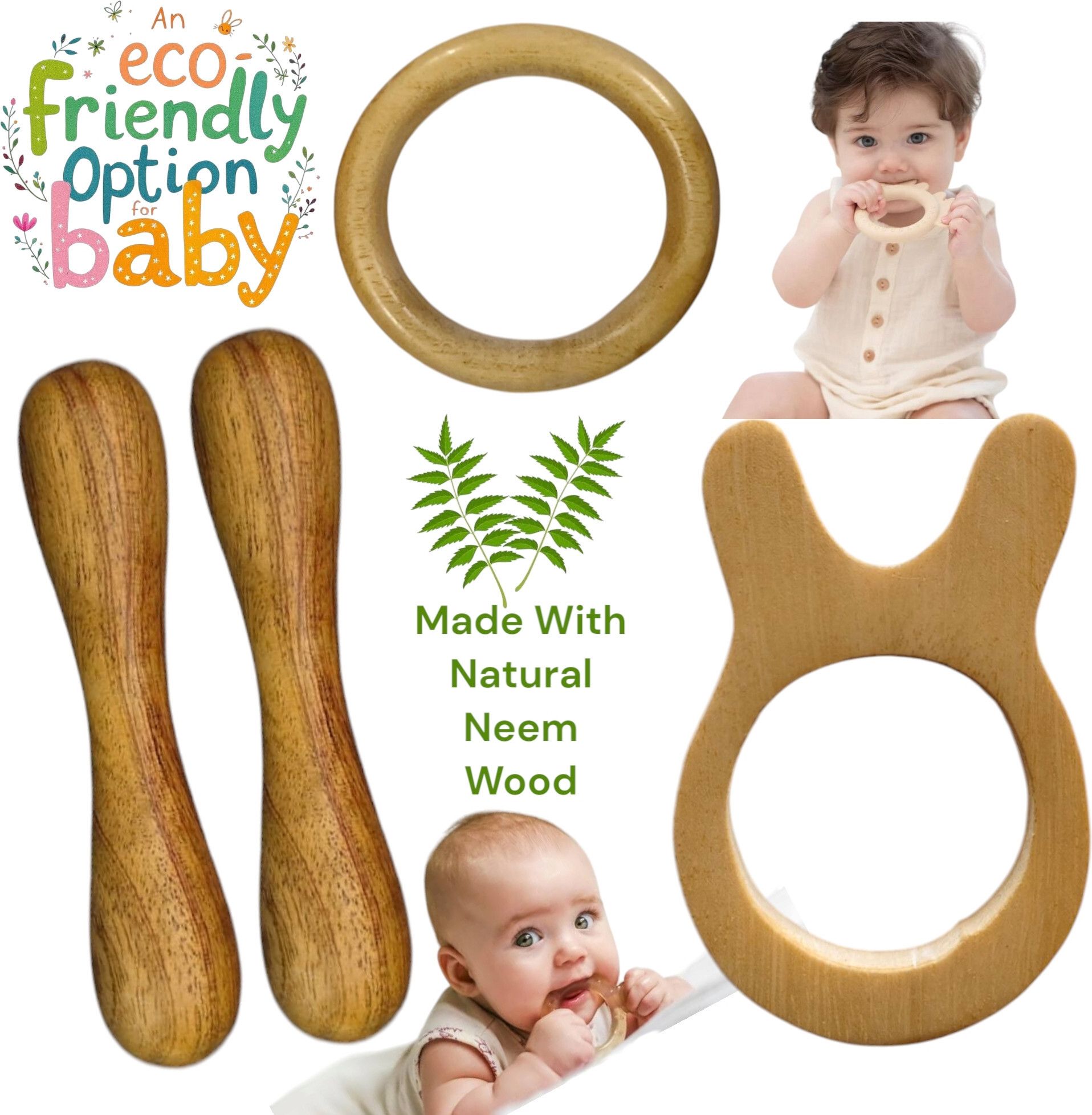 Neem Wood Teethers for Baby Set of 4 | for 3 Months Baby. (Cat Sick Ring) Teether-image-33