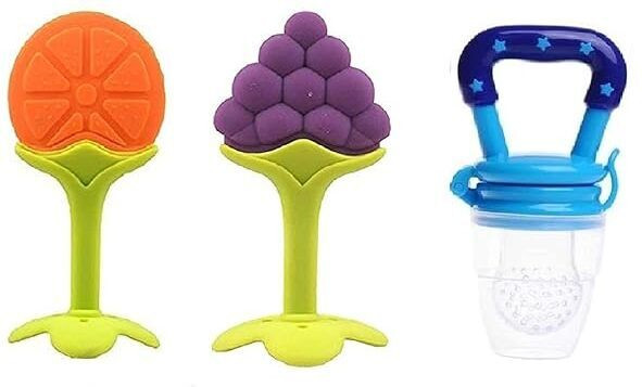 wuxxa PACK OF 3PCS SILICONE FRUIT SHAPE TEETHER WITH FRUIT NIBBLER Teether and Feeder image 1