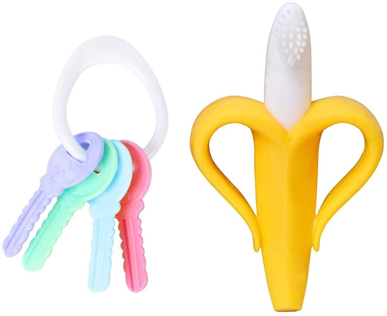 tinny tots Baby Soft Silicone Banana Textured Teething Toy Teether With Key Shaped Teether and Feeder image 1
