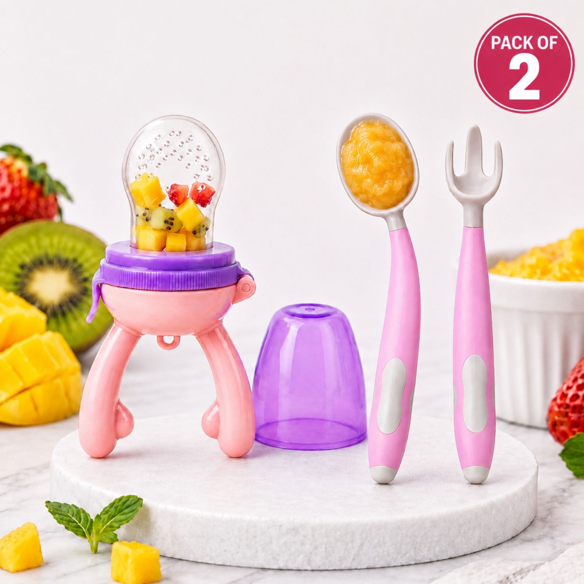 bembika Baby Fruits & Food Feeder with Spoon & Fork Set Self Feeding Nibbler for Infants Feeder-picture-28