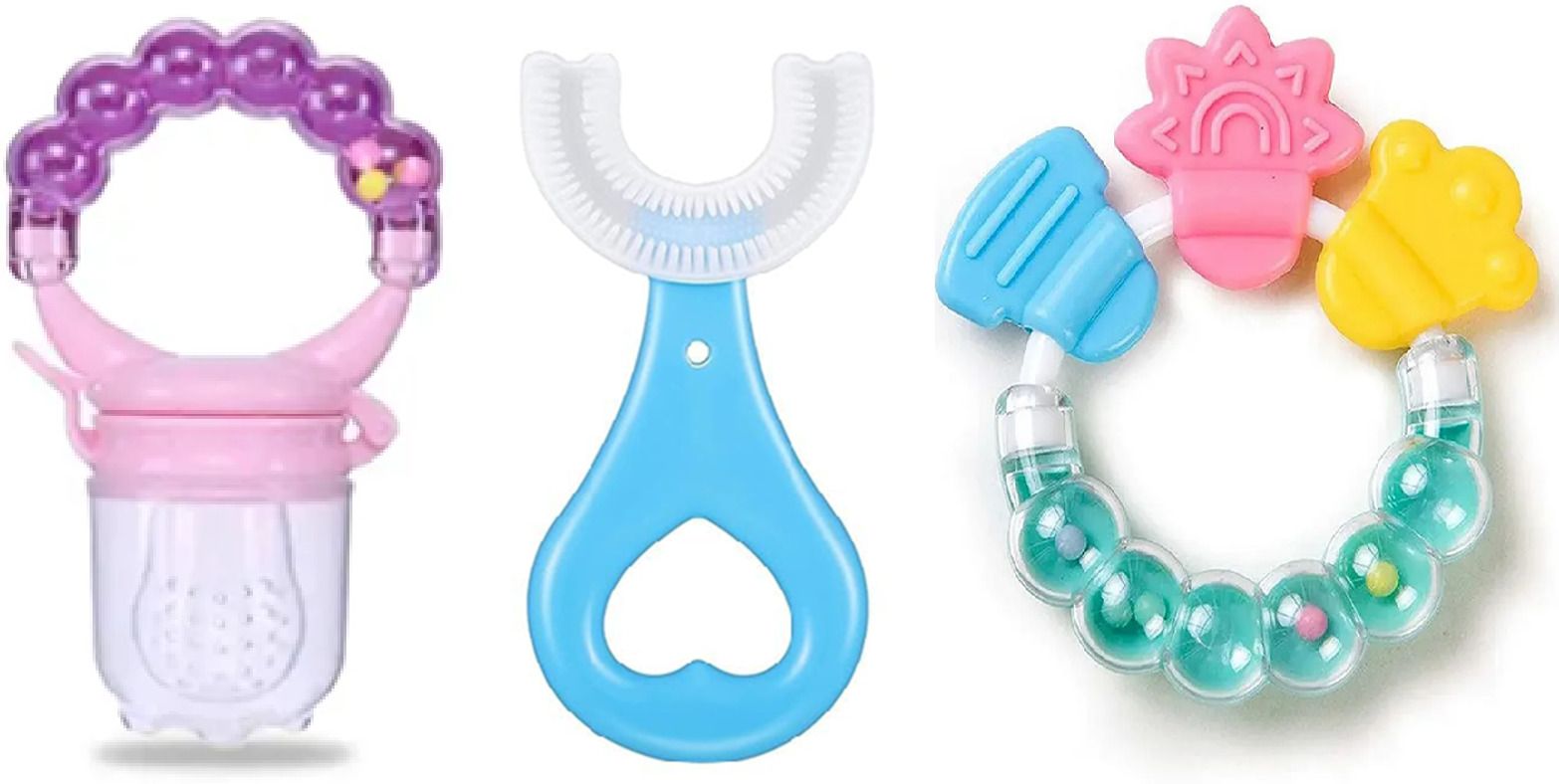 Baby Ring Fruit Nibbler Pink ,U Shape Brush & Ring Teether Soother-image-34