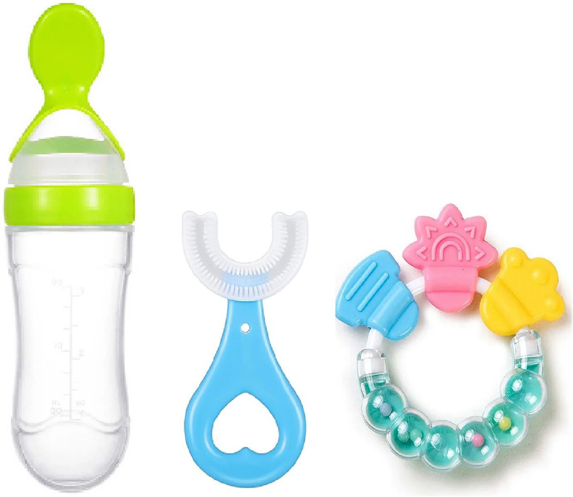 Baby Food Feeder Spoon Bottel Green ,U Shape Brush & Ring Teether Soother-image-5