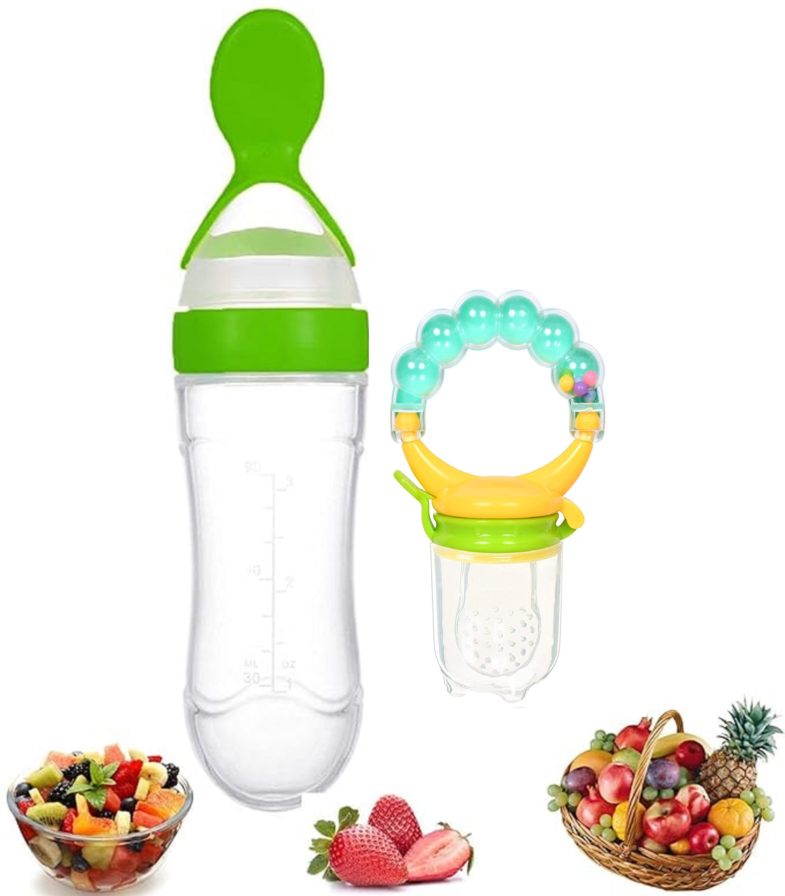 vadhavan Squeeze Style Bottle Feeder with Dispensing Spoon & Rattle Hand Fruit Nibbler Feeder image 1