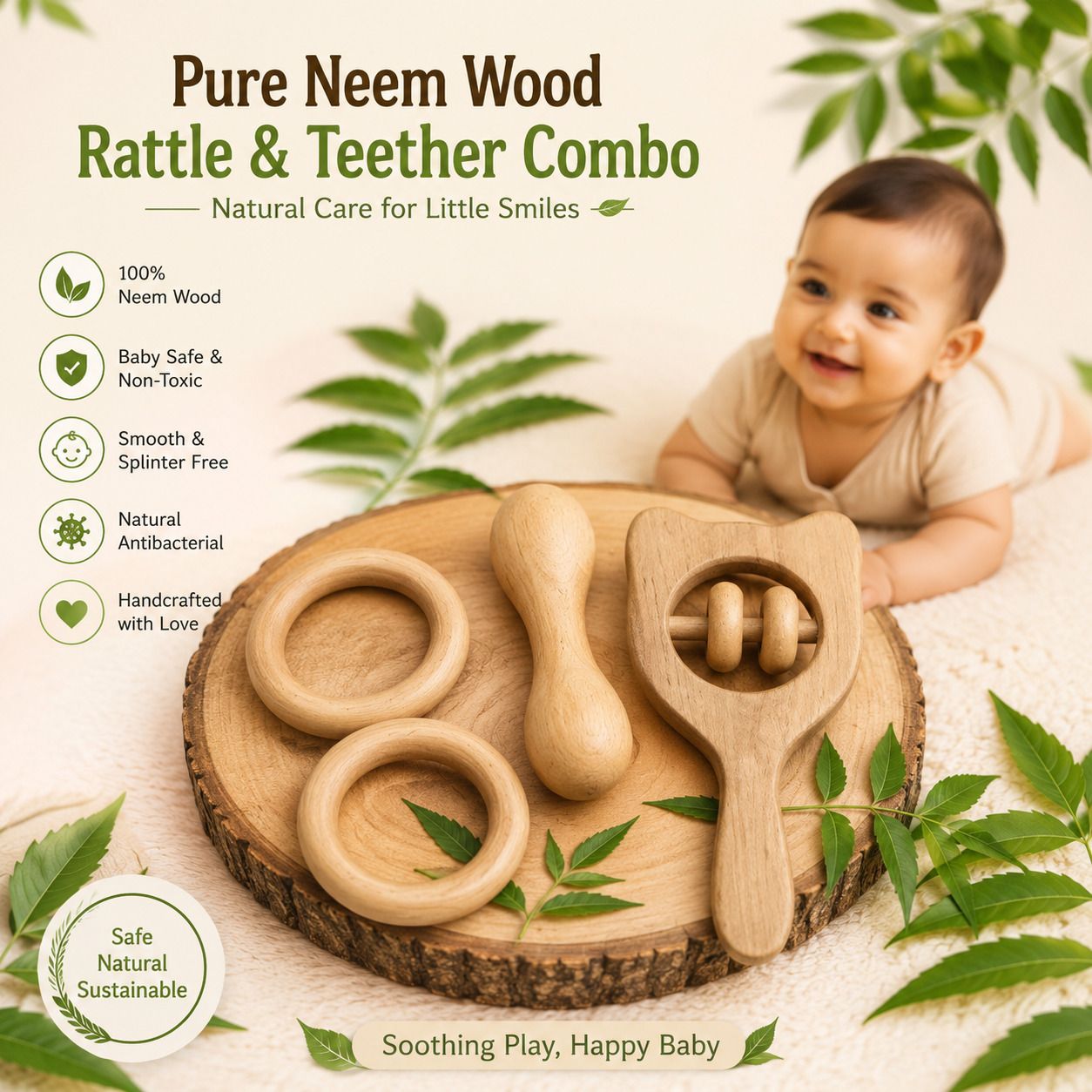 Neem Wood Baby Teether Set of 4 Original Natural Wooden Teething Toys Teether-image-41