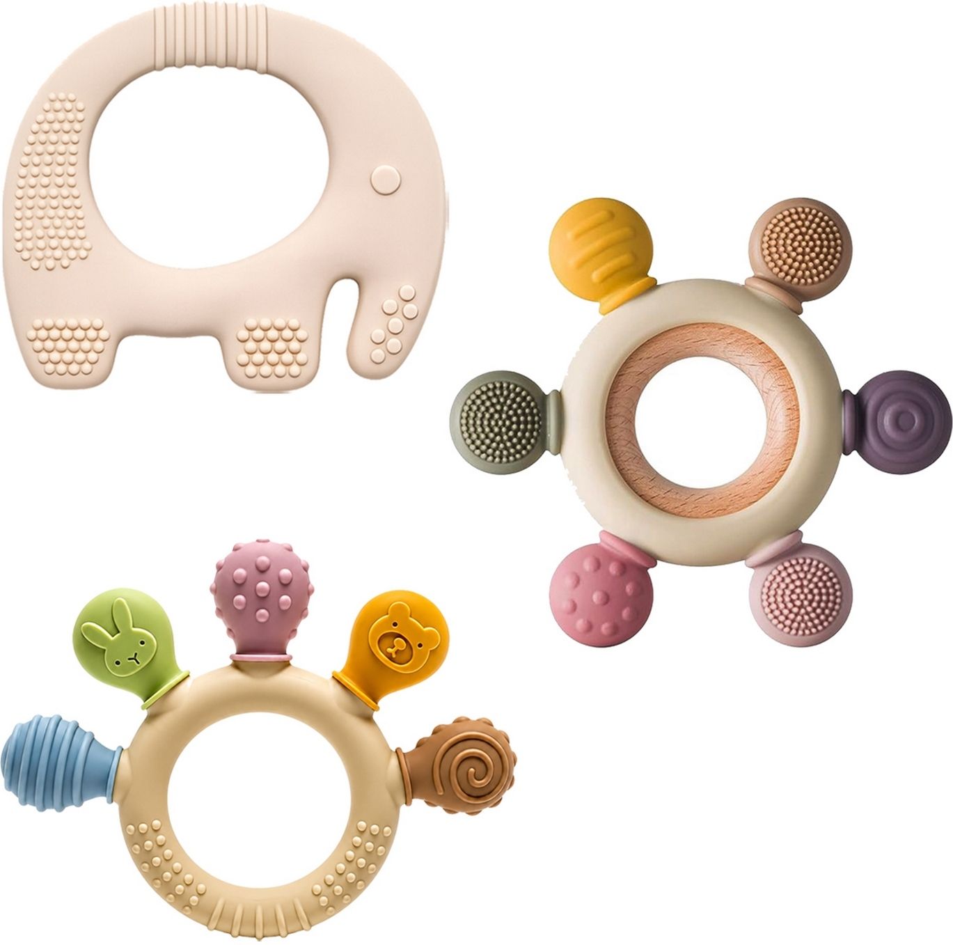 Premium Baby Silicone Elephant Ring and Wooden Teether Combo Pack of 3 Toy Teether-image-28