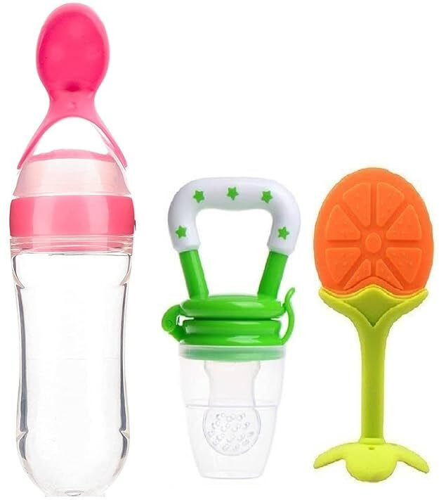 qtypie Combo 3 in1 Set-Feeding Bottle with Spoon, & Teether & Food Nibbler Teether and Feeder image 1