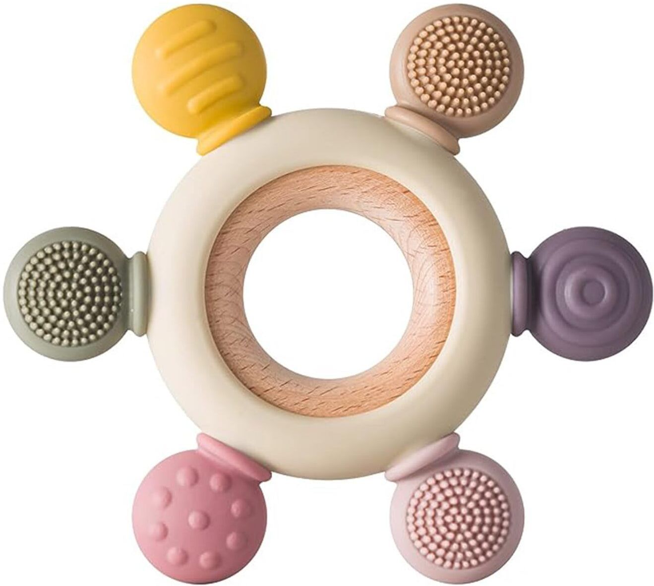 msnb Baby Teether | Silicone Teething Ring | Wooden Grip for Easy Hold Teether-picture-12