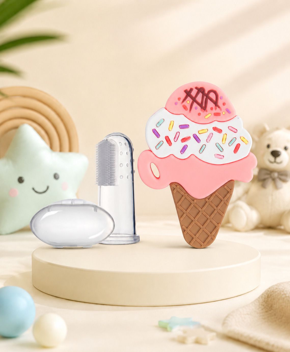 Baby Soft Silicone ice cream Shape Teether Finger brush BPA Free Teether-image-16