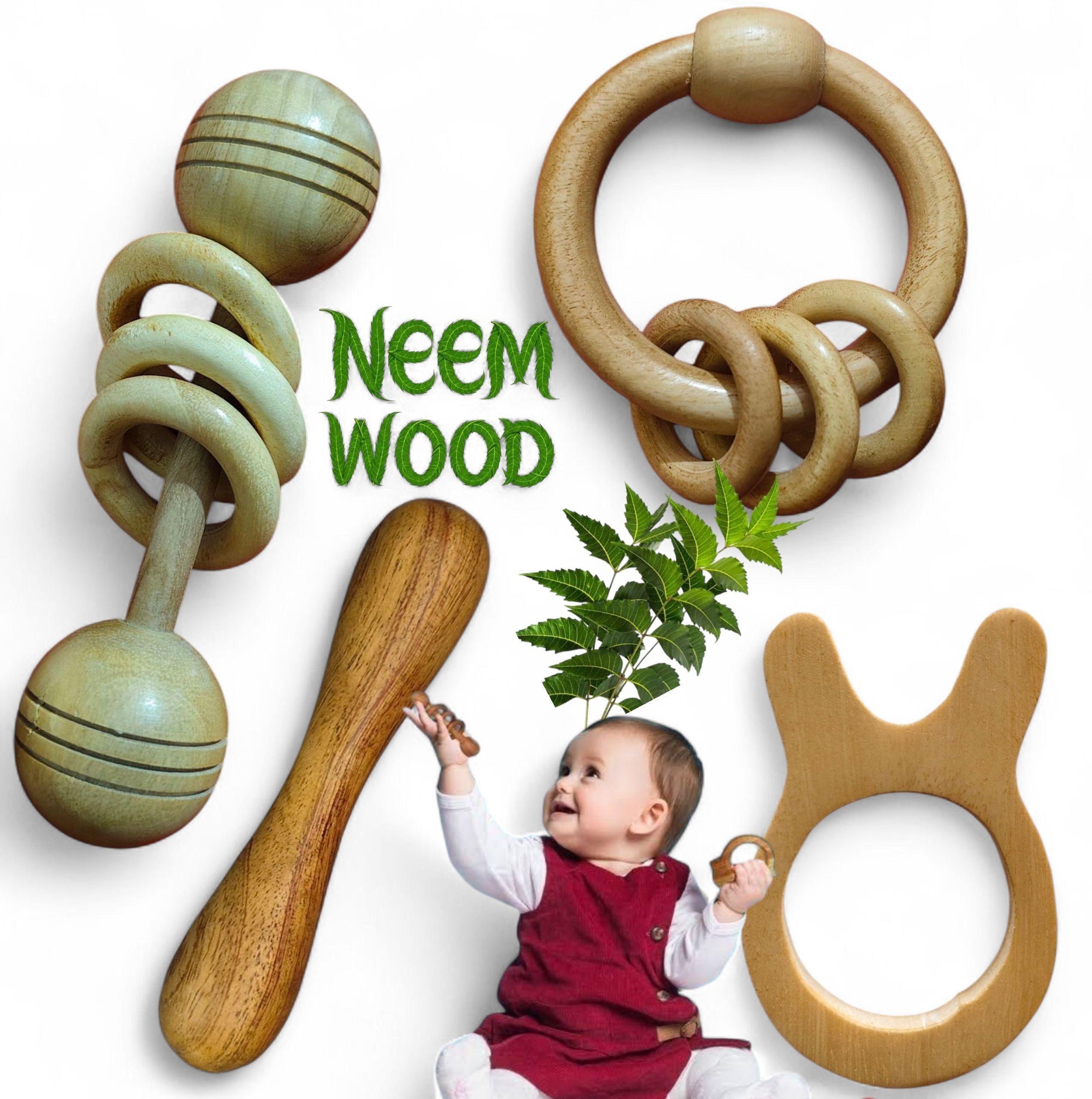 shreeja shilpcraft Eco-Friendly Neem Wood Baby Rattle cum Teether | Safe & Non-Toxic Toy for Babies Teether and Feeder-picture-13