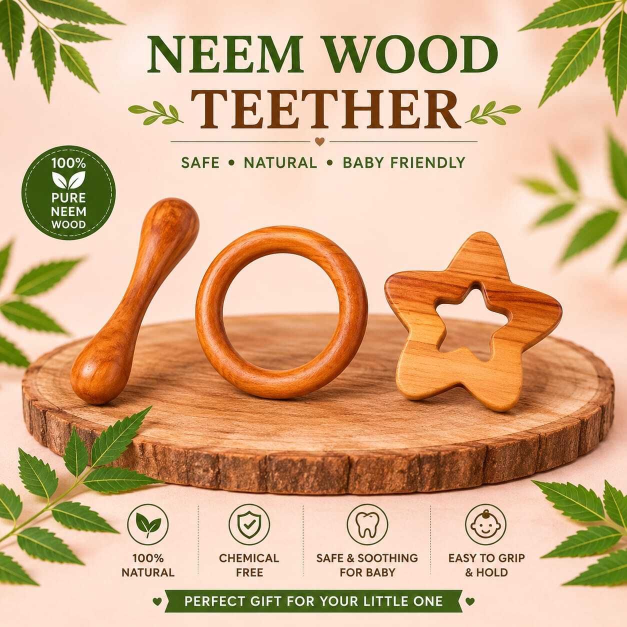 Neem Wood Baby Teether Ring Chemical Free Natural Toy Rattle-image-8