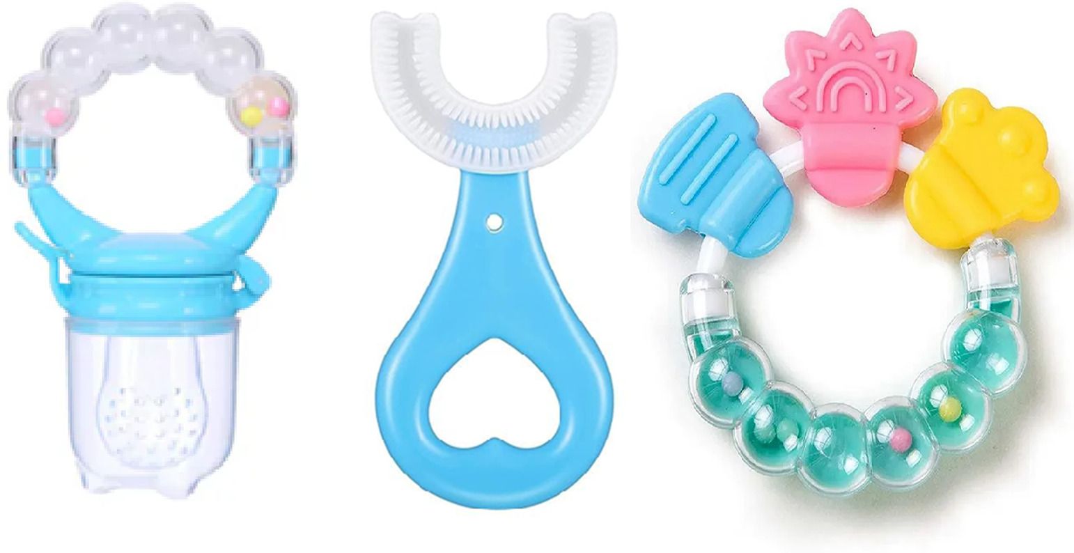 Baby Ring Fruit Nibbler Blue ,U Shape Brush & Ring Teether Soother-image-33