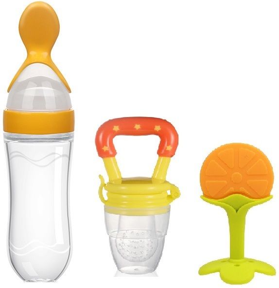 3-in-1 Baby Feeding Set – Yellow | Spoon Feeder, Fruit Feeder & Teether Feeder-image-1