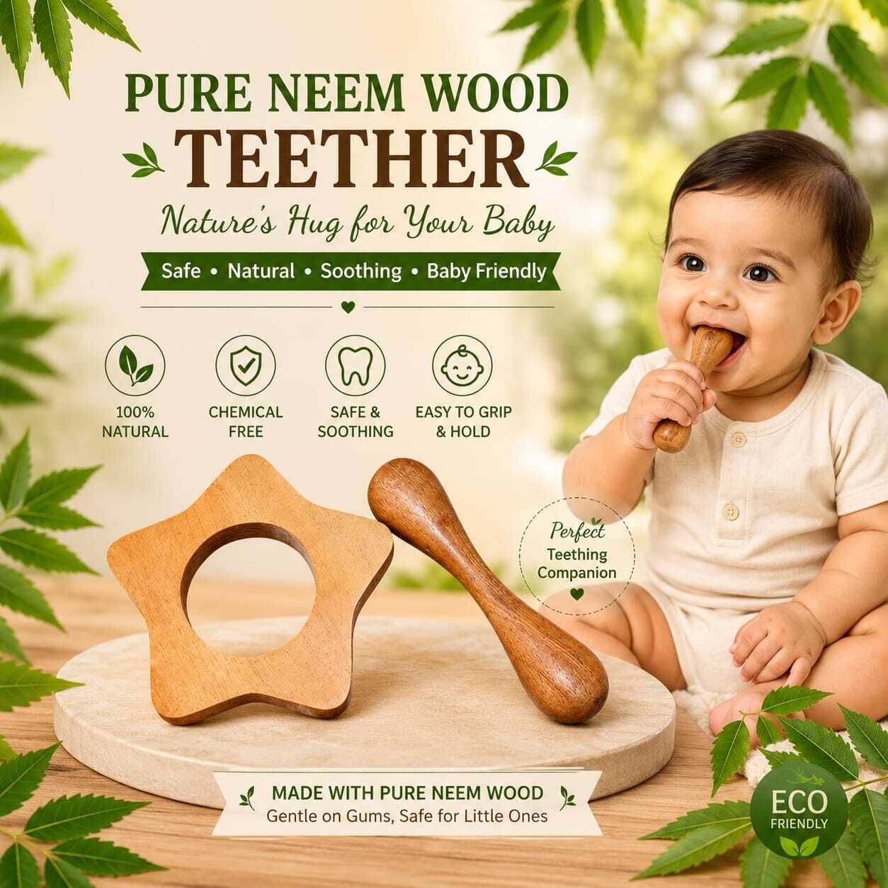 Baby Neem Wood Teether Handmade Smooth Finish Teething Toy Rattle-image-48