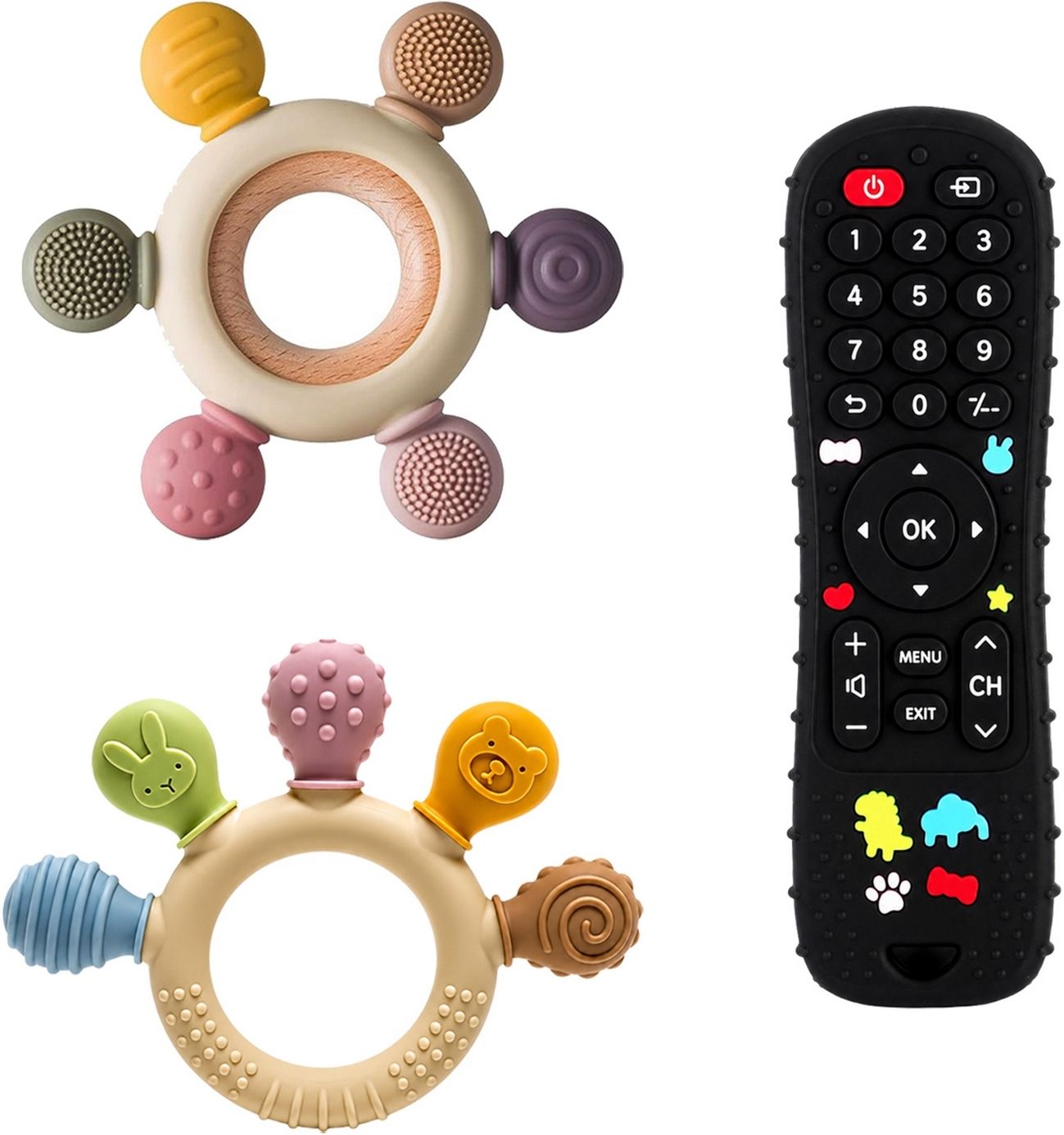 Pack of 3 Baby Teether Remote Ring Wooden Silicone Gum Massager Combo Teether-image-27