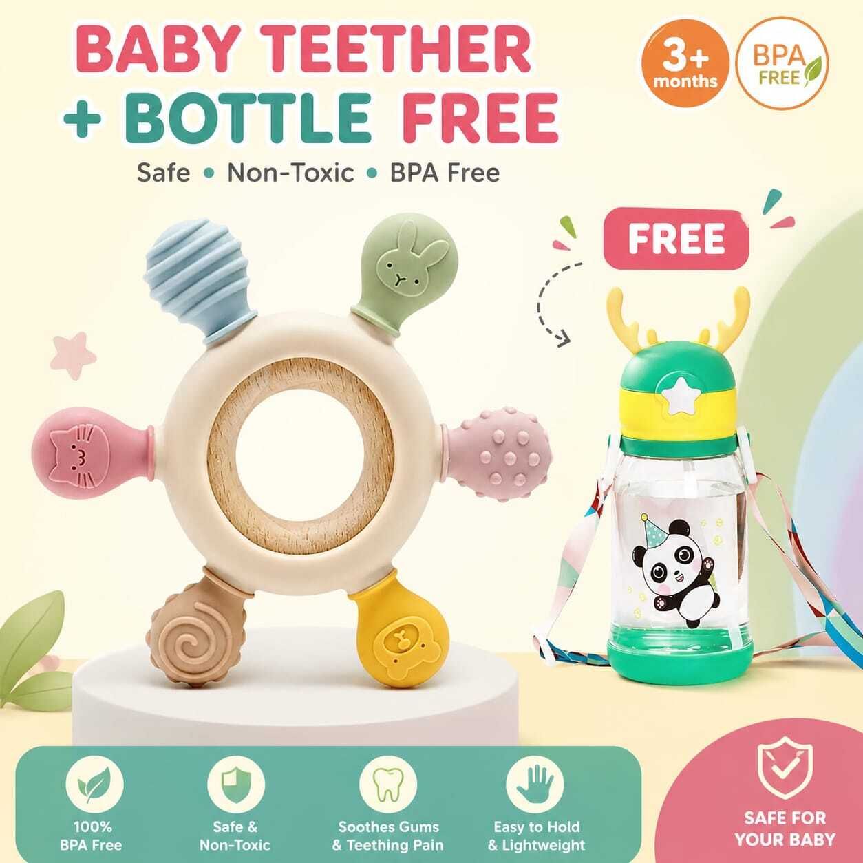 sweegle™ Baby Teething Toys Silicone Baby Teether BPA Free + Free Bottle(Multicolor) Teether-picture-48
