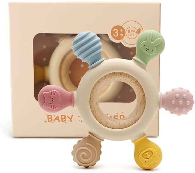 opnex Silicone Wooden Baby Teether for Infants 0-12 Months BPA Free (Pack Of 1) Teether-picture-0