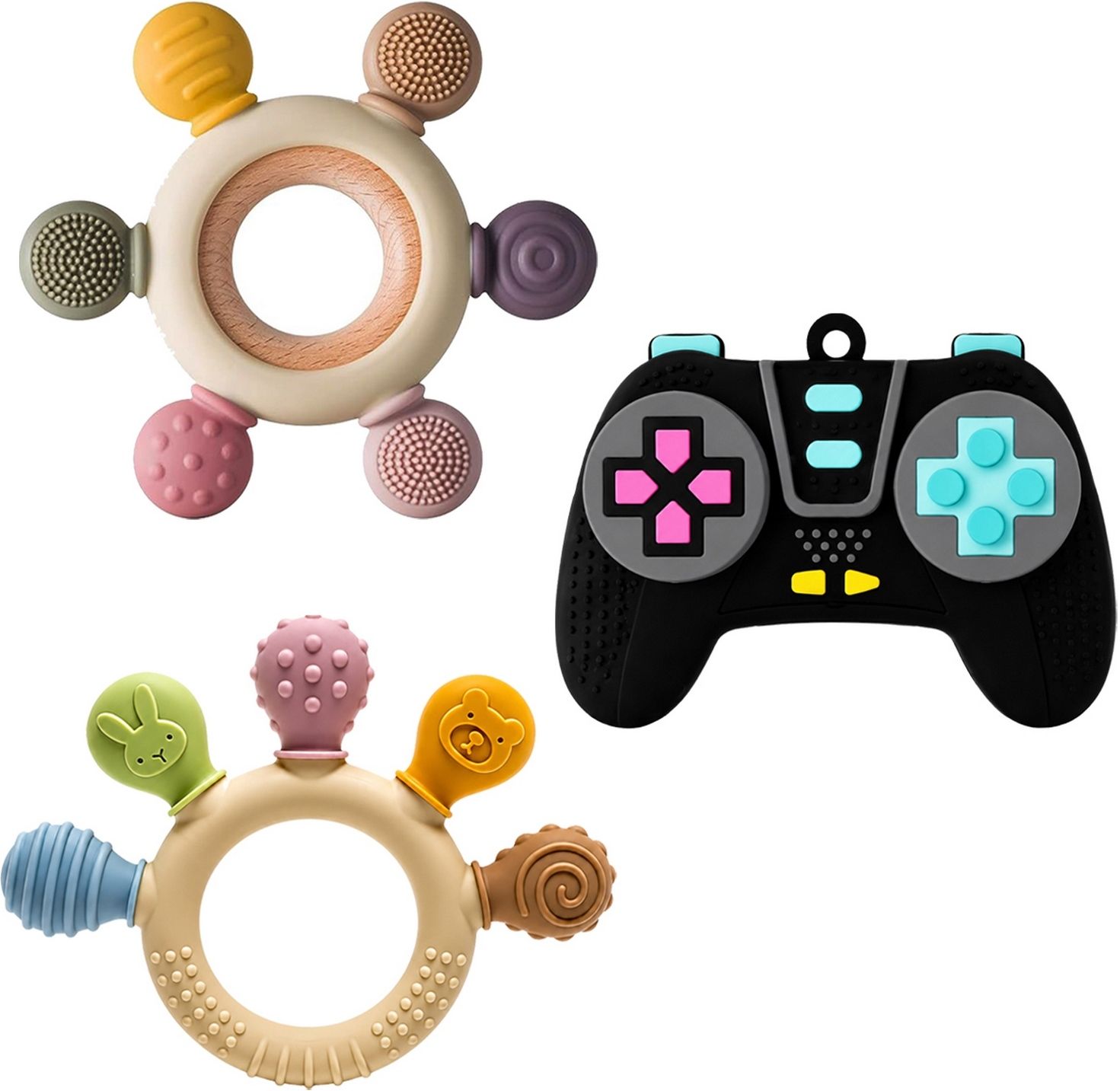 Baby Teether Combo Pack of 3 Gamepad Ring Wooden Silicone Gum Relief Toy Teether-image-37