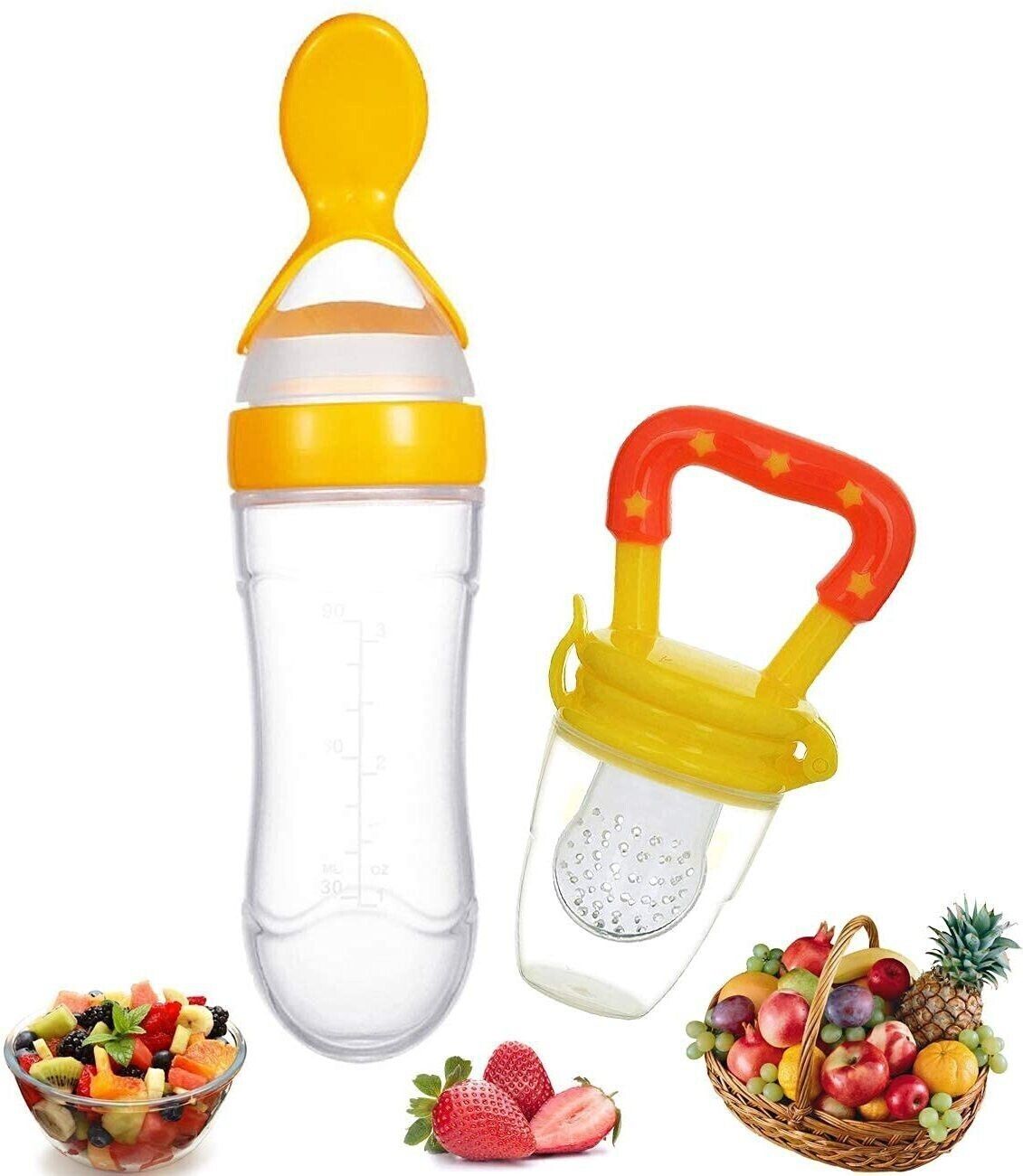irshayn kidzghar Baby Safe Silicone Squeeze Fresh Food Feeder Bottle with Food Dispensing Spoon, Infant Food Nibbler Teething Toy Feeding Pacifier, Combo Pack of 2 Teether and Feeder-picture-22
