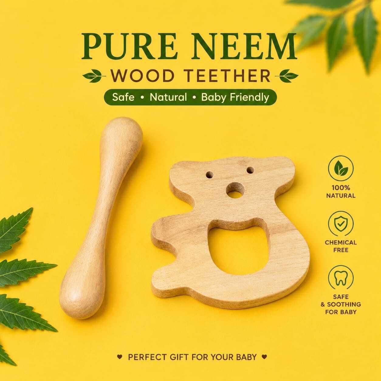 Eco Friendly Neem Wood Baby Teether Natural Chew Ring Rattle-image-47
