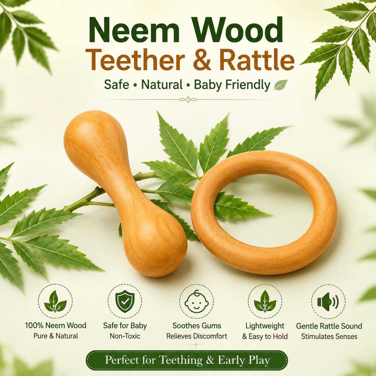 Handmade Neem Wood Teether for Babies Smooth Natural Finish Rattle-image-43