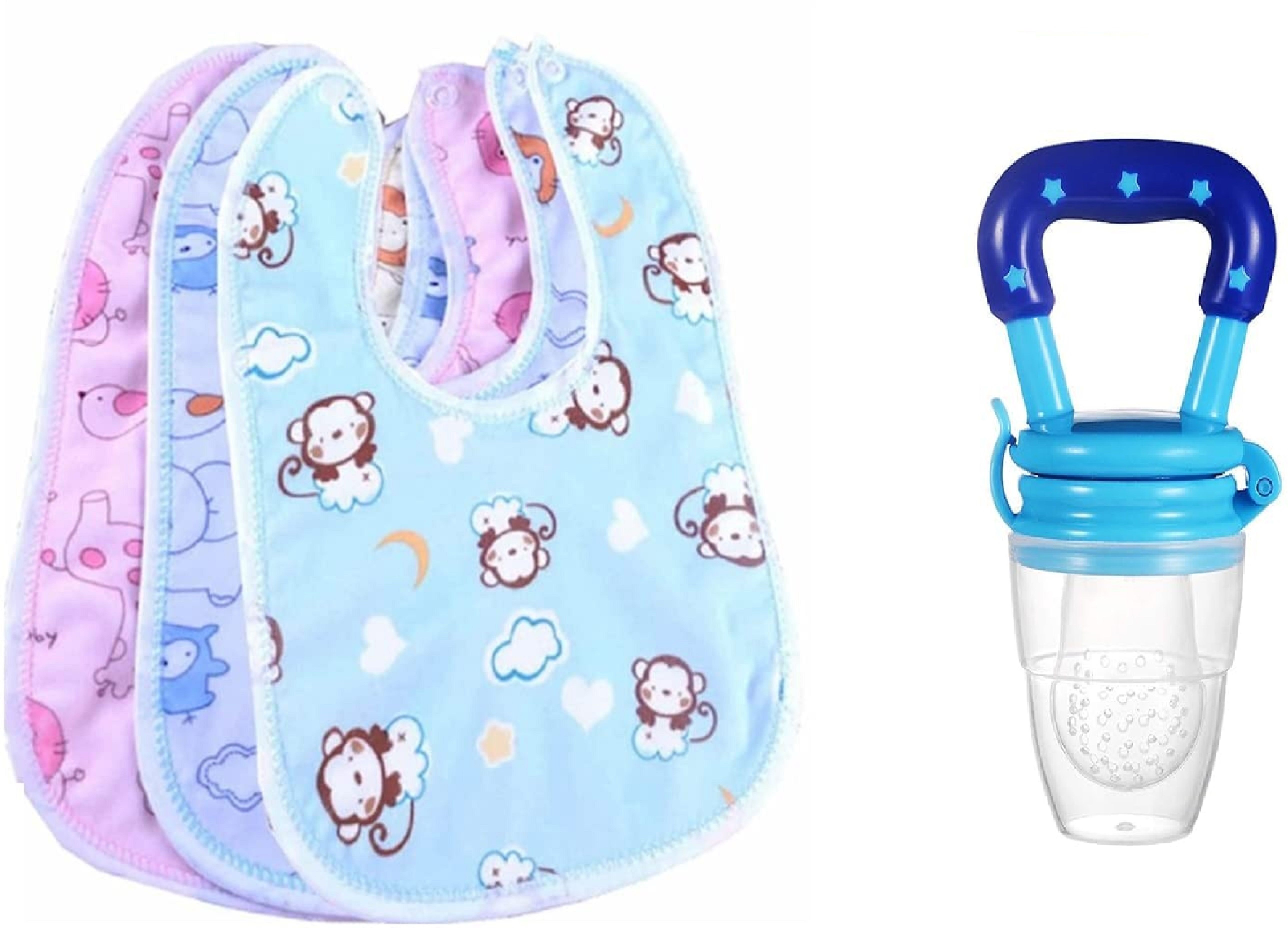 4pcs Breakfast,Lunch,Dinner Apron for babies & Fresh Silicone Fruit Nibbler Feeder