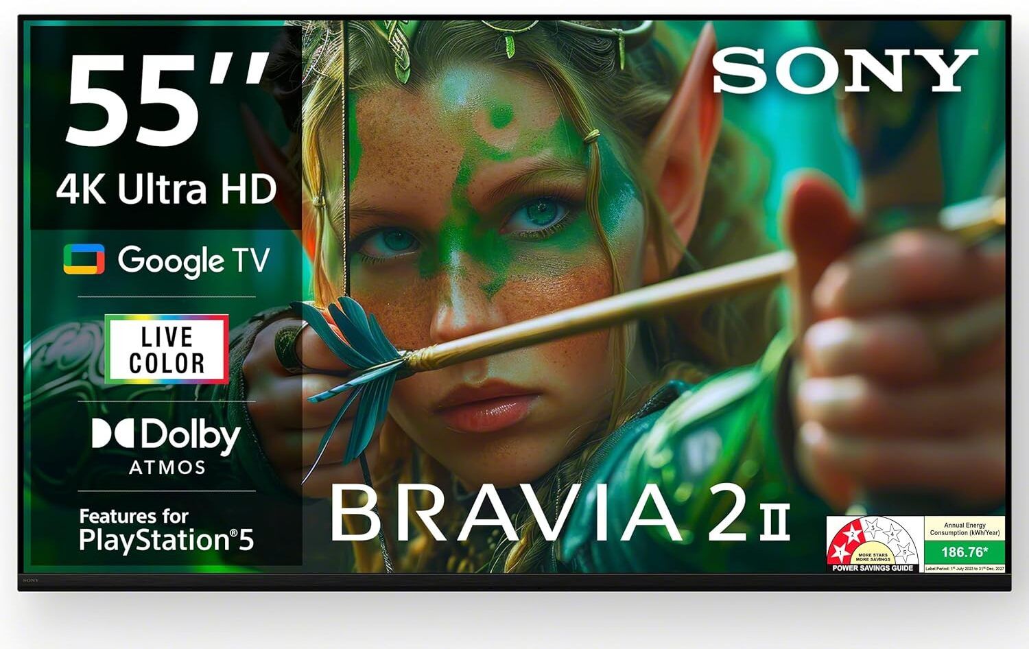 BRAVIA 2 139 cm (55 inch) Ultra HD (4K) LED Smart Google TV 2025 Edition with Resolution: 4K Ultra HD (3840 x 2160) | Refresh Rate: 60 Hertz Connectivity: 4 HDMI ports to connect set top box, Blu Ray players, gaming console | 2 USB ports to connect hard drives and other USB devices Sound : 20 Watts Output | 2ch | Open Baffle Speaker| DTS Digital Surround | DTS:X | Dolby Atmos, Dolby Audio Smart TV Features: Google TV | Watchlist | Google Assistant |Google Cast | Game Menu | ALLM/eARC (HDMI 2.1 Compatible) | Additional Features: Apple Airplay 2 | Apple Homekit | Alexa | Energy Rating: 2 Star | Annual Energy Consumption: 186.76 kWh Display : 4K LED | 4K Processor X1 | Live Color | 4K X-Reality PRO | MotionFlow XR 200 | HDR10/HLG-image-42